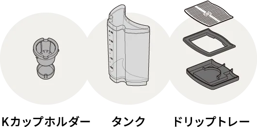 Kカップホルダー,タンク,ドリップトレーの図